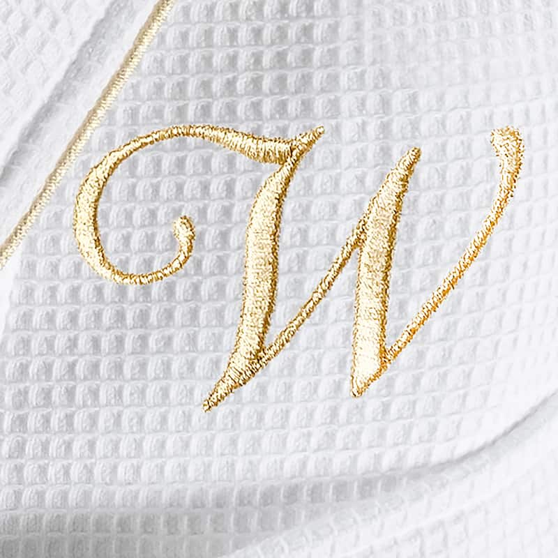 Authentic Hotel and Spa White/Gold Unisex Turkish Cotton Waffle Weave Terry Bath Robe with Gold Script Monogram