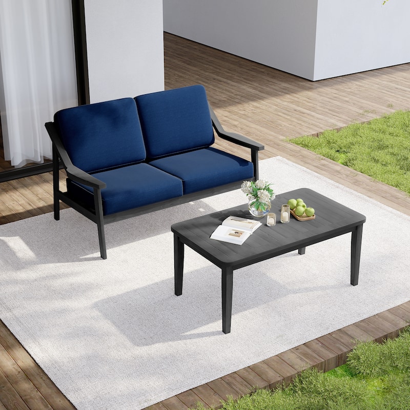 Outdoor Wood Teak Cushioned Patio 2 Seater Loveseat with Coffee Table