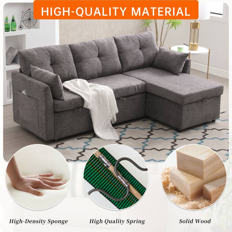 Corduroy/Chenille Upholstered L-Shaped Storage Reversible Chaise Sectional Sofa with Side Pocket