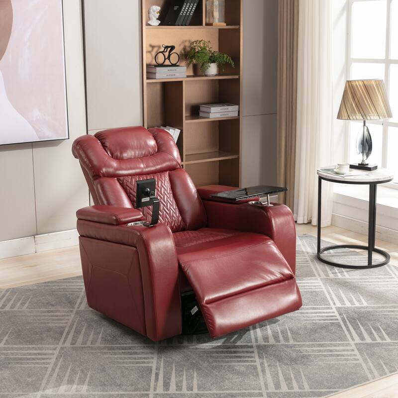 270° Swivel PU Leather Power Recliner with Phone Holder, Cup Holder, USB Port Home Theater Recliner for Living Room