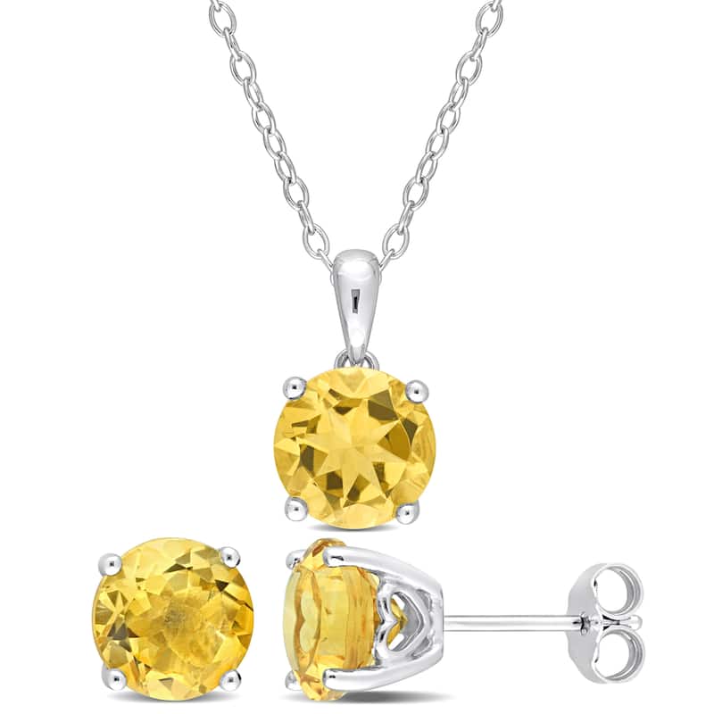 Miadora Gemstone Birthstone Earrings and Necklace Set Sterling Silver - Citrine | November