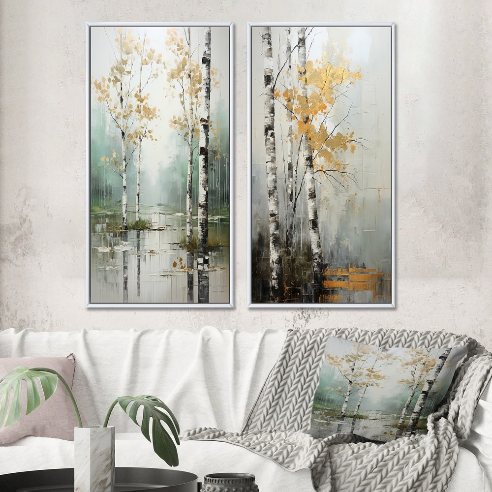 Designart "Birch Woods Ethereal Elegance" Tree Birch Framed Wall Art Set Of 2 - Blue Wall Art Set Of 2
