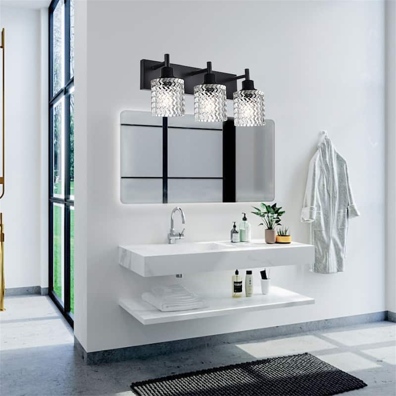 3-Light Industrial Black Wall Sconce with Hammered Glass Shades