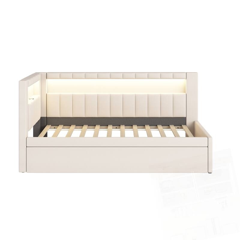 Upholstered Platform Bed with USB Ports and LED Belt With Trundle