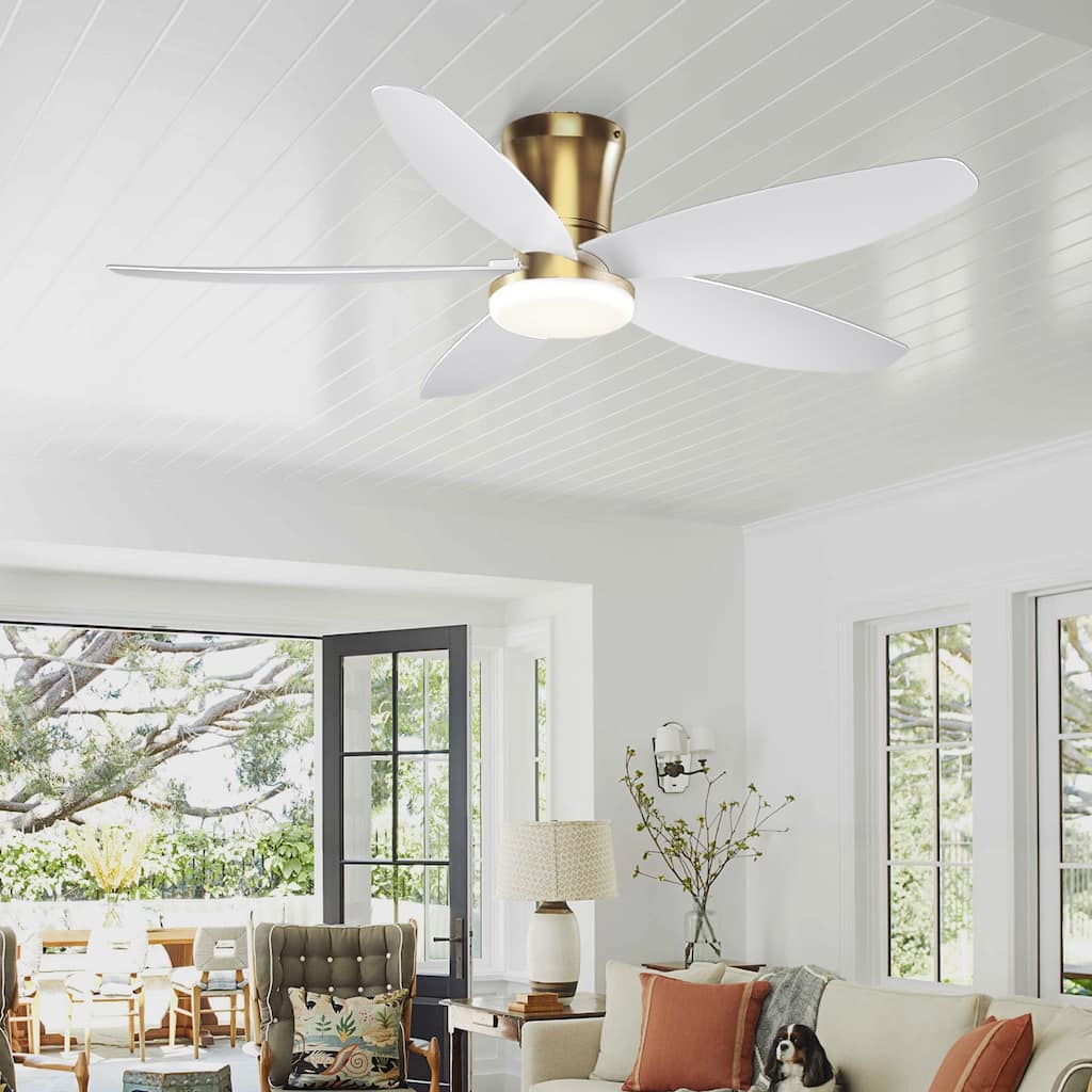 36/42/48 inches Flush Mount Ceiling Fan with Light and Remote ,Gold Base with White Blades for Bedroom Living Room