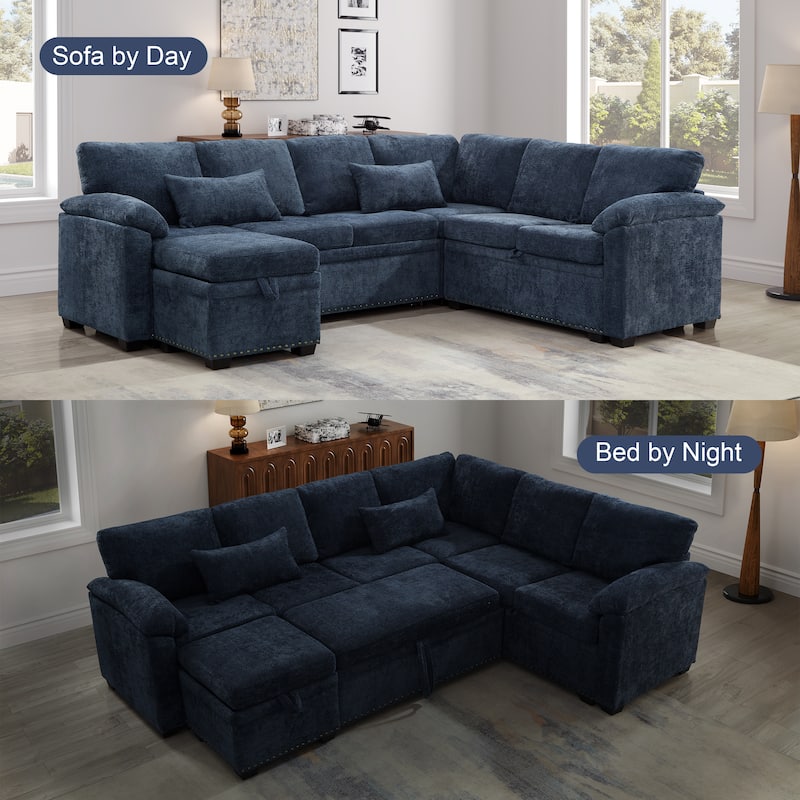 Corner Sectional Sofa with Pull Out Chaise Lounge and Pillow Top Arms, Chenille Sleeper Couch with Storage Seat and Ottoman