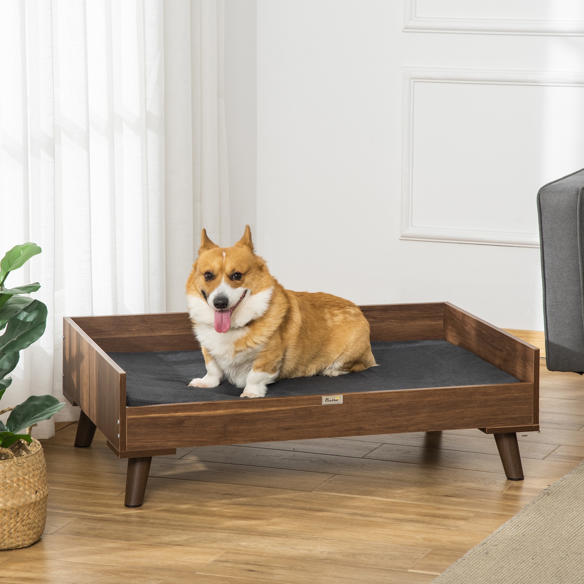 PawHut Elevated Dog Bed, Wooden Raised Pet Sofa with Soft Cushion
