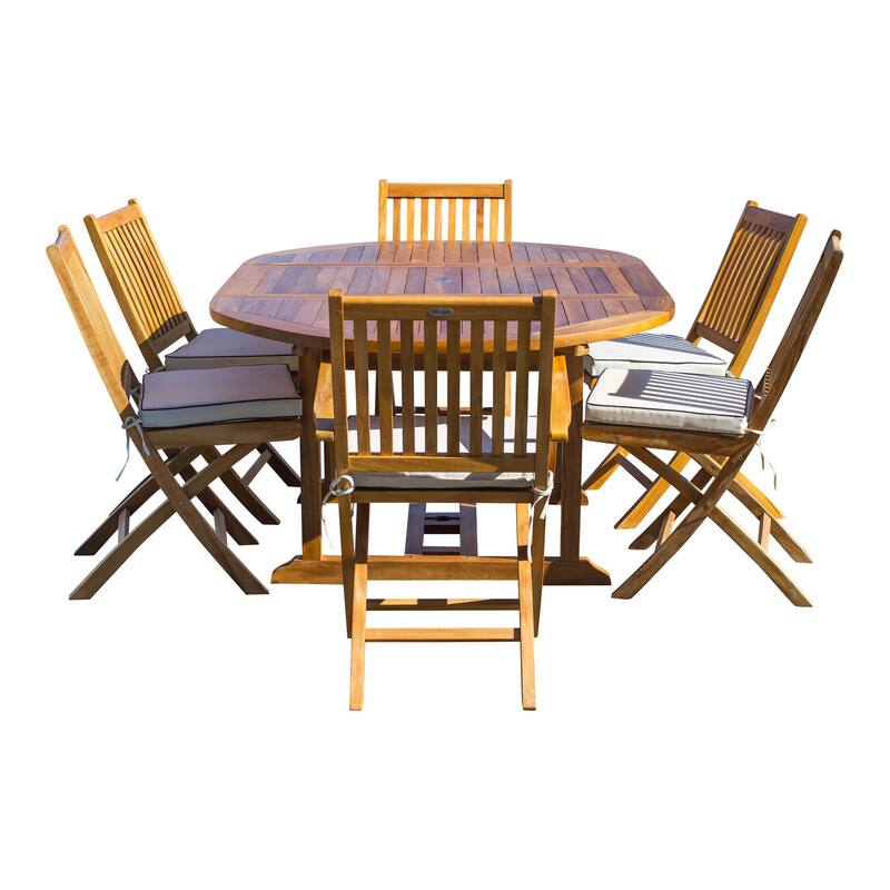 Chic Teak 7 Piece Teak Wood Santa Barbara Patio Dining Set with Round to Oval Extension Table, 2 Arm Chairs and 4 Side Chairs