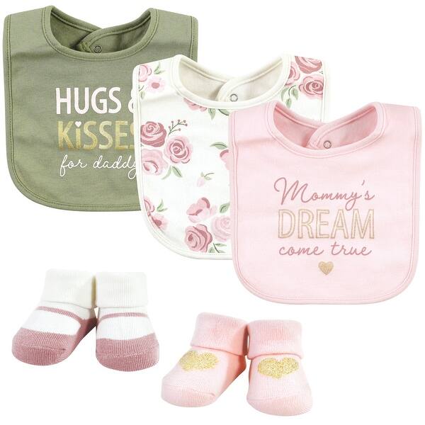 slide 1 of 1, Hudson Baby Infant Girl Cotton Bib and Sock Set, Mom Dad Floral, 0-9 Months - Mom Dad Floral - One Size One Size - Mom Dad Floral