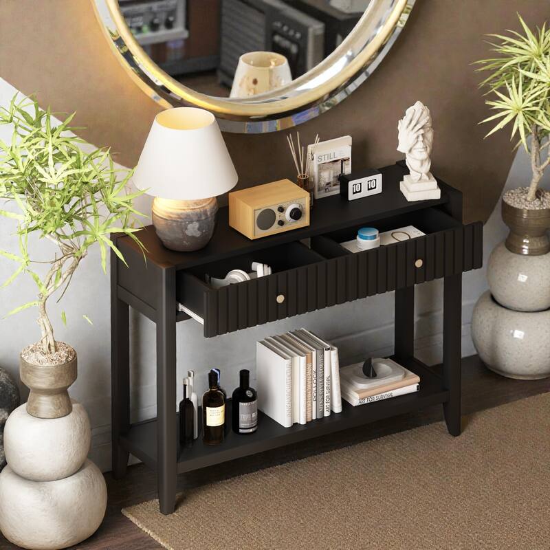 Console Table with Drawers and Storage Shelf, Narrow Wood Accent Sofa Table for Entryway Hallway Living Room