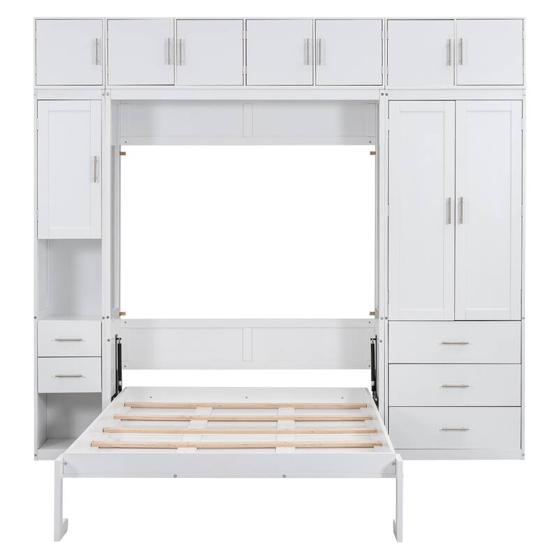 Space-Saving Full Size Murphy Bed with Storage Lockers & Wardrobes, White