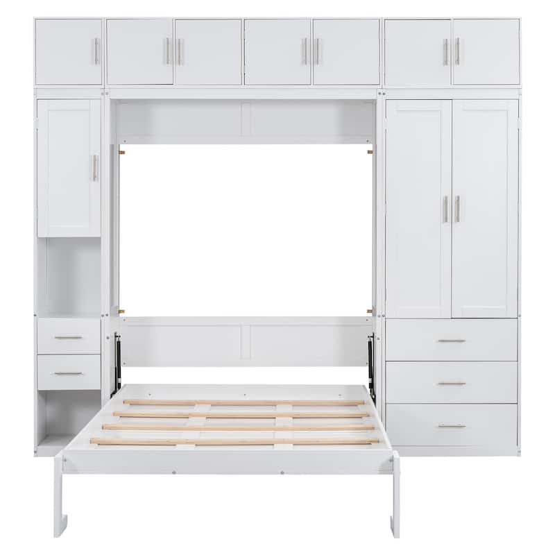 Twin/Full Hidden Murphy Bed Cabinet with Storage Shelves & Drawers, Wooden Folding Wall Bed Chest Frame with Lockers & Wardrobes