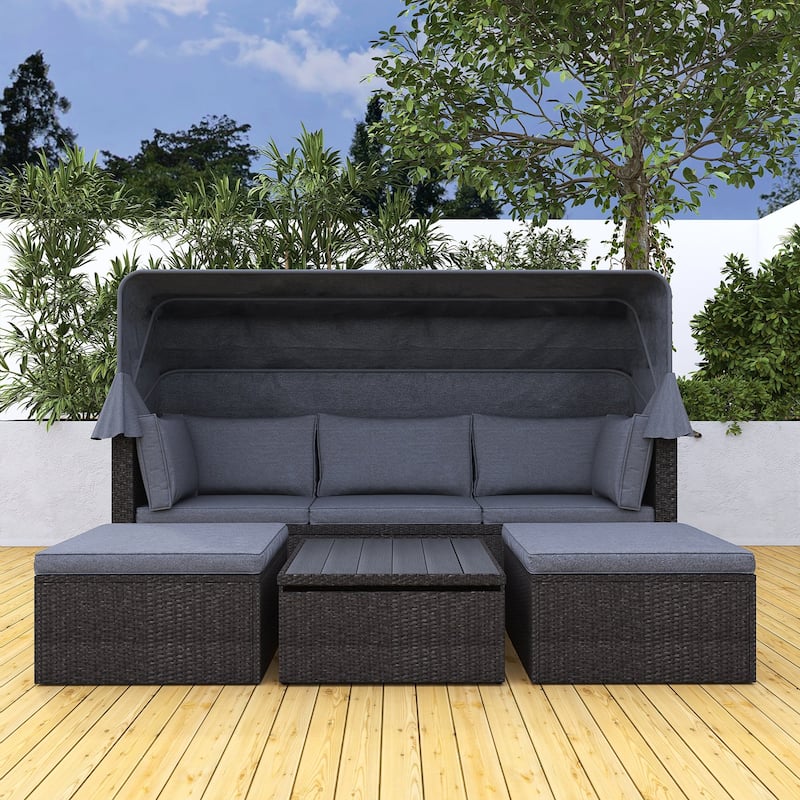 4-Piece Outdoor Wicker Sectional Patio Daybed with Canopy and Ottoman - Grey