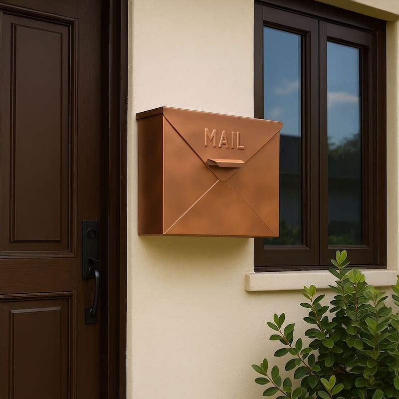 Envelope Shaped Wall Mount Metal Mail Box, Copper