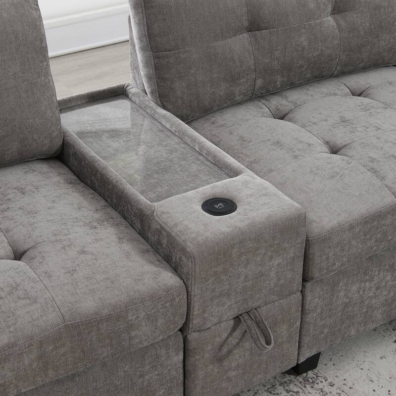 L-shape Chenille Sectional Sofa with 2 Acrylic Consoles Table Top, USB Charger, 2 Drawers, Pockets and Ottoman for Living Room