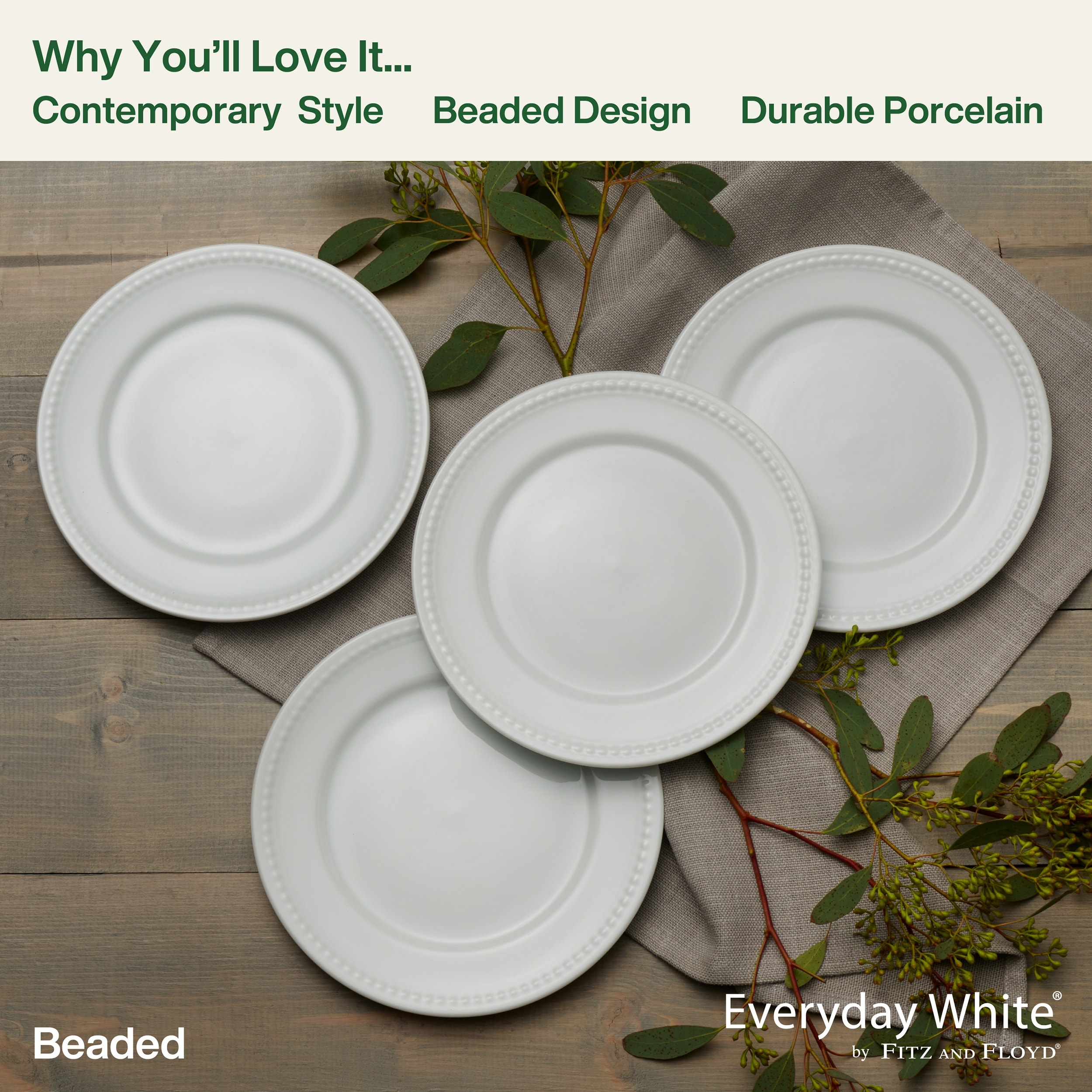 Everyday White Set of Beaded Salad Plates, Inch Inch