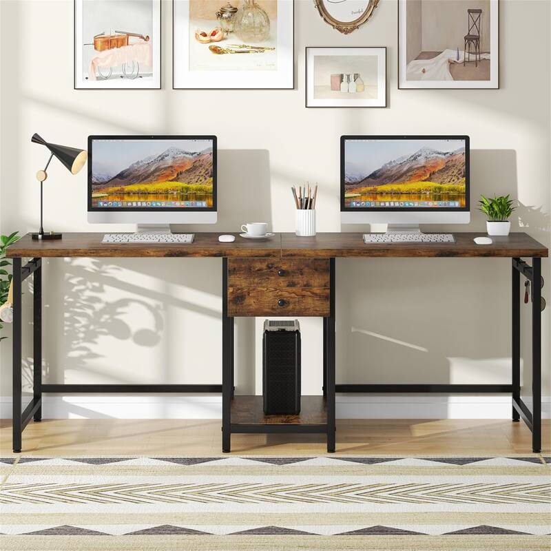 79" Two-Person Industrial Computer Desk - Brown+Black