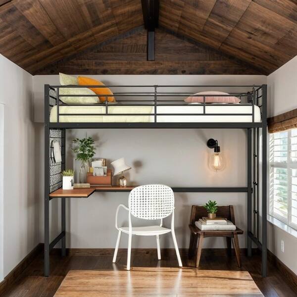 slide 2 of 11, Full Metal Loft Bed with Desk and Metal Grid, Space-saving, Black Black