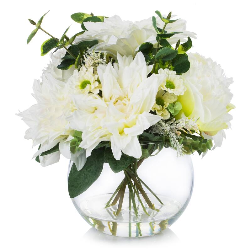 Enova Home Mixed Artificial Dahlia and Peony Silk Flowers Arrangement in Round Glass Vase with Faux Water - 12"H x 12"W x 12"D - Cream