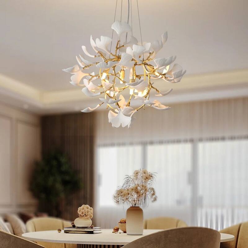 KAYLA Modern Gold Tree Branch Ginkgo Leaf Chandelier - 55" Rectangle Ceramic & Aluminum Design