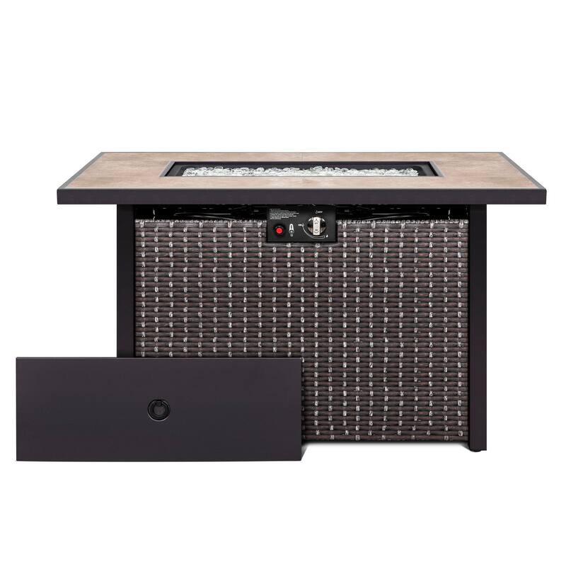 Nuu Garden Outdoor 43-inch 50,000 BTU Propane Gas Fire Pit Table, Ceramic Tabletop and PE Rattan Weaved Iron Frame