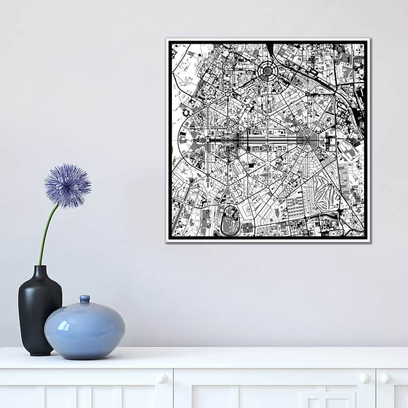 iCanvas "New Delhi Black And White" by Planos Urbanos Framed