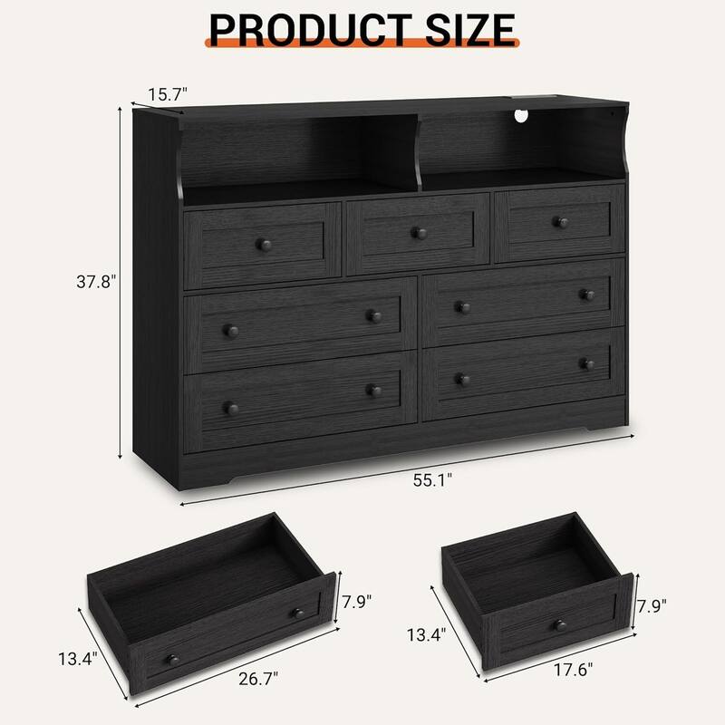 7 Drawer Dresser TV Stand for Bedroom with Charging Station & LED Lights