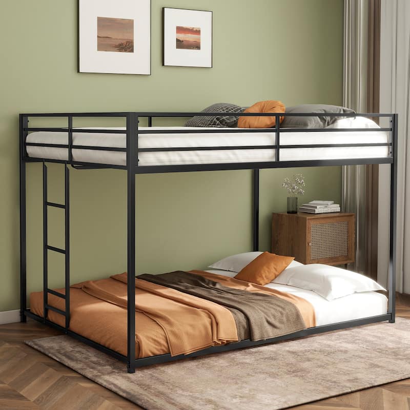 Full over Full Metal Bunk Bed with Ladder and Guardrails for Kids and Adults, Low Profile Design