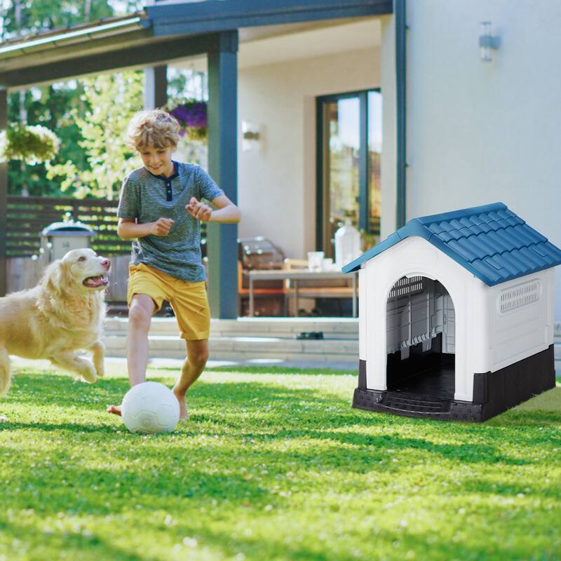 Plastic Dog House with Air Vents, Elevated Floor, Insulated Outdoor Indoor Kennel for Small Dogs
