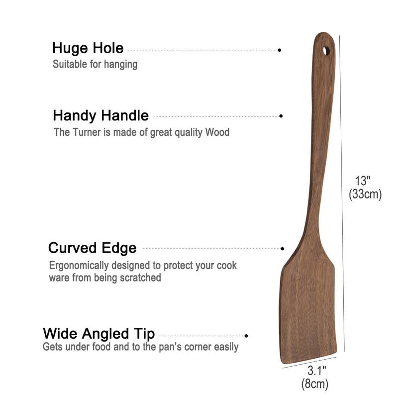Wooden Turner Long Hand Stir Fry Spatula Kitchen Pan Cooking Baking Brown