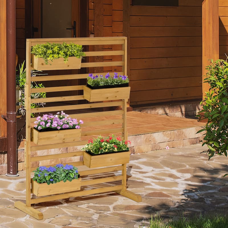 Vertical Raised Planter Box 5-Tier Plant Stand with Decorative Trellis - Natural Wood