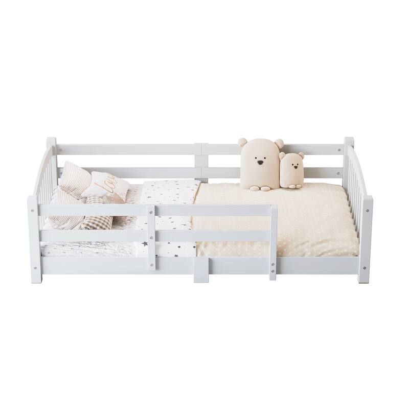 Roomfitters Montessori Floor Bed with Guardrails, Solid Wood Low Platform Bed with Slats, Easy Assembly
