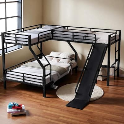 L-Shaped Metal Triple Bunk Bed with Slide & USB, Twin XL over Queen/Twin over Full with Loft, Noise-Free, Black