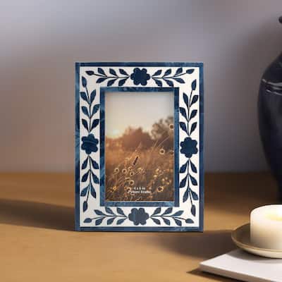 Sagebrook Home Floral 4" x 6" Picture Frame Blue and White Floral Petals Polyresin Portrait