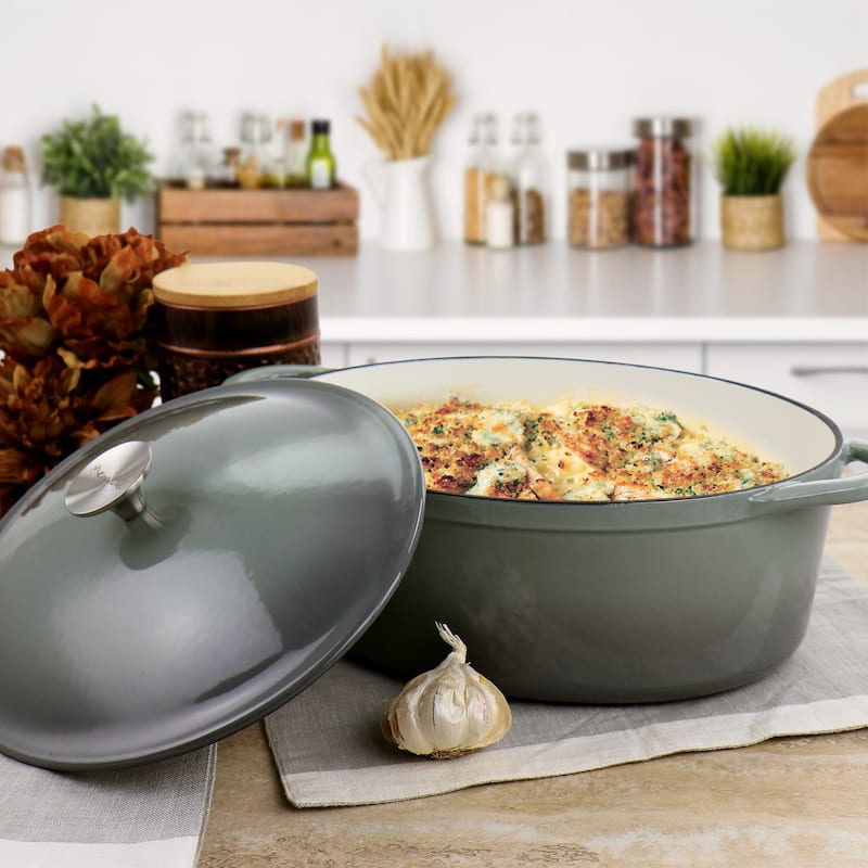 7 Quarts Oval Enameled Cast Iron Dutch Oven in Smoke