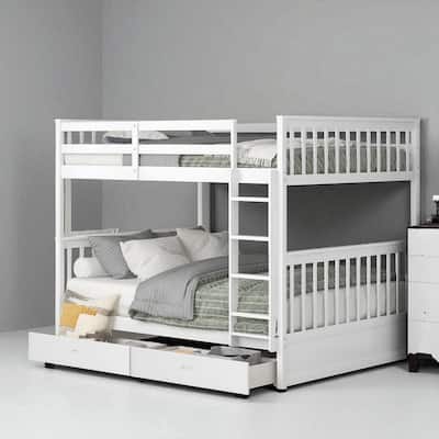 Full Over Full Bunk Bed with Ladder and 2 Storage Drawers, Convertible Wood Frame for Kids or Teens