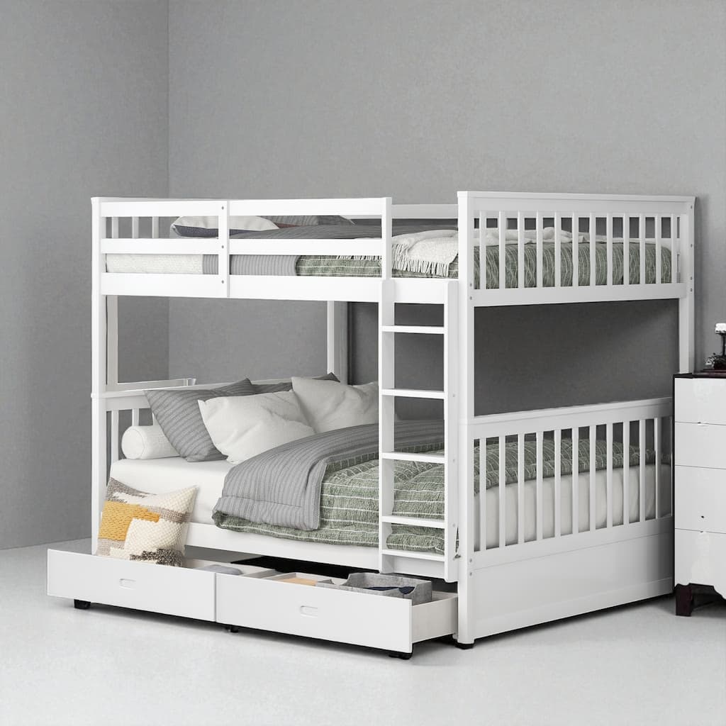 Full Over Full Bunk Bed with Ladder and 2 Storage Drawers, Convertible Wood Frame for Kids or Teens