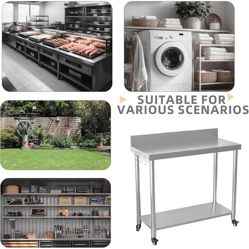 AECOJOY Stainless Steel Table with Wheels, Backsplash and Knife Blocks Prep Tables for Kitchen Steel Countertop Workbench