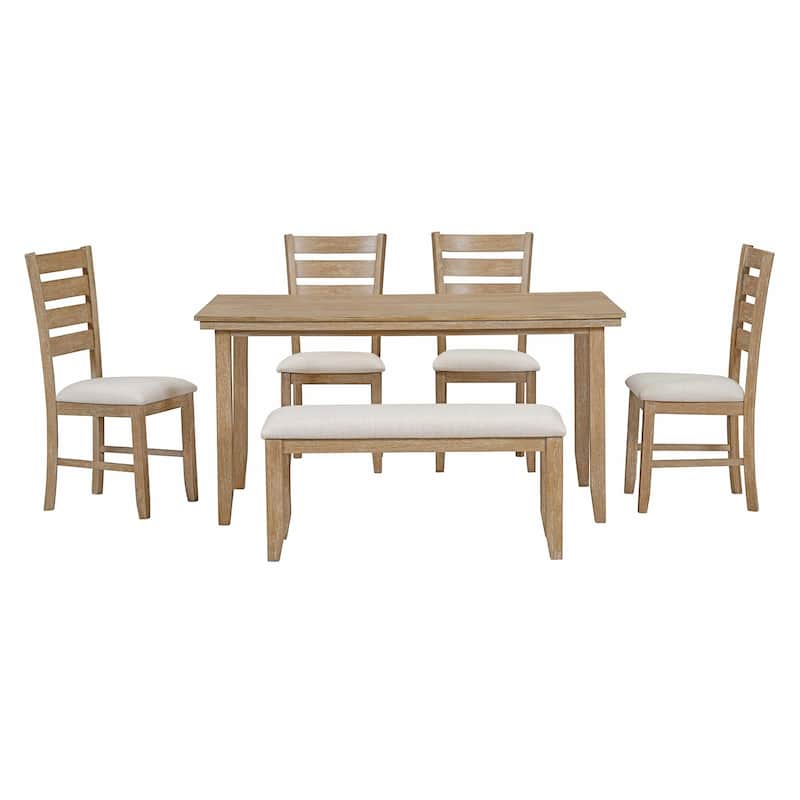 Rustic Wood Dining Set with Table, Chairs, and Bench - Set of 6