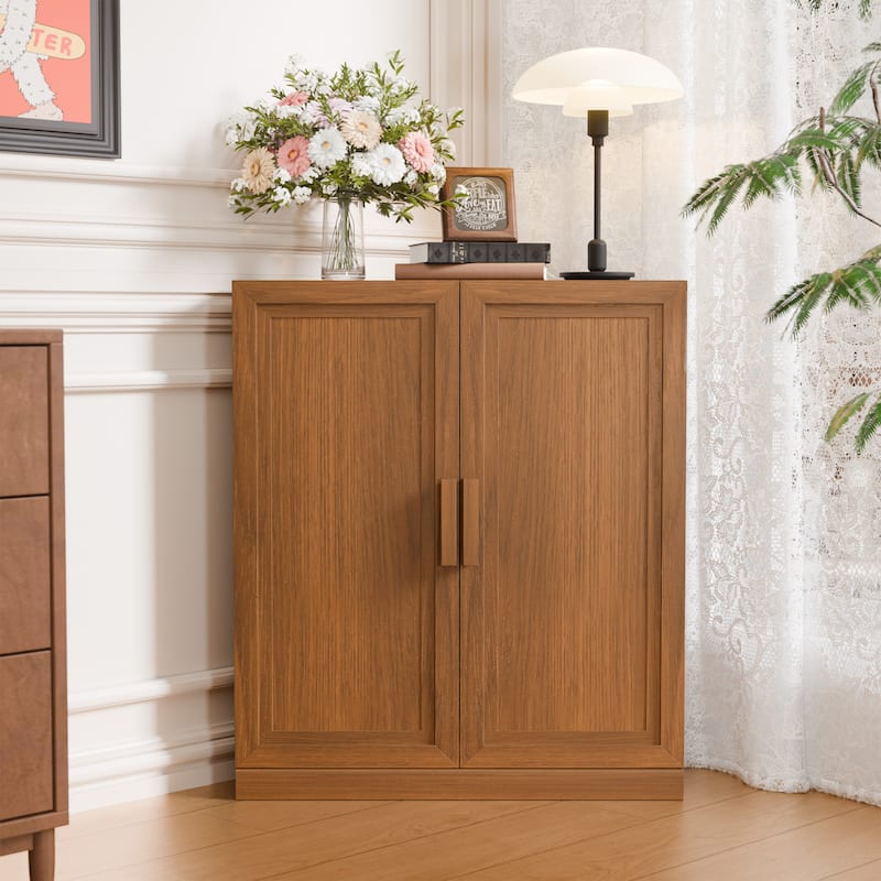 36"H Corner Sideboard Cabinet Free-Standing Corner Storage Organizer - Light Walnut