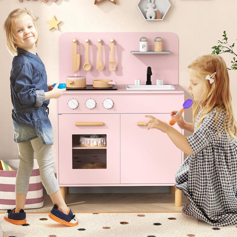 Wooden Pretend Play Kitchen Kids Kitchen Playset w/ Sounds