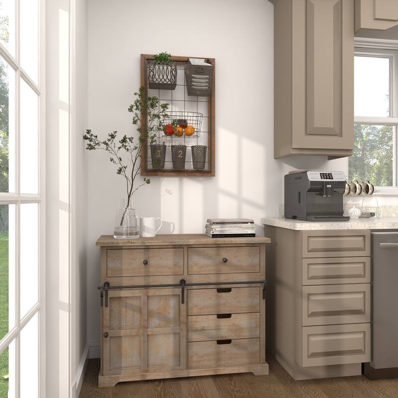 Brown Metal 1 Slot and 5 Baskets Magazine Rack Holder with Suspended Baskets and Label Slot