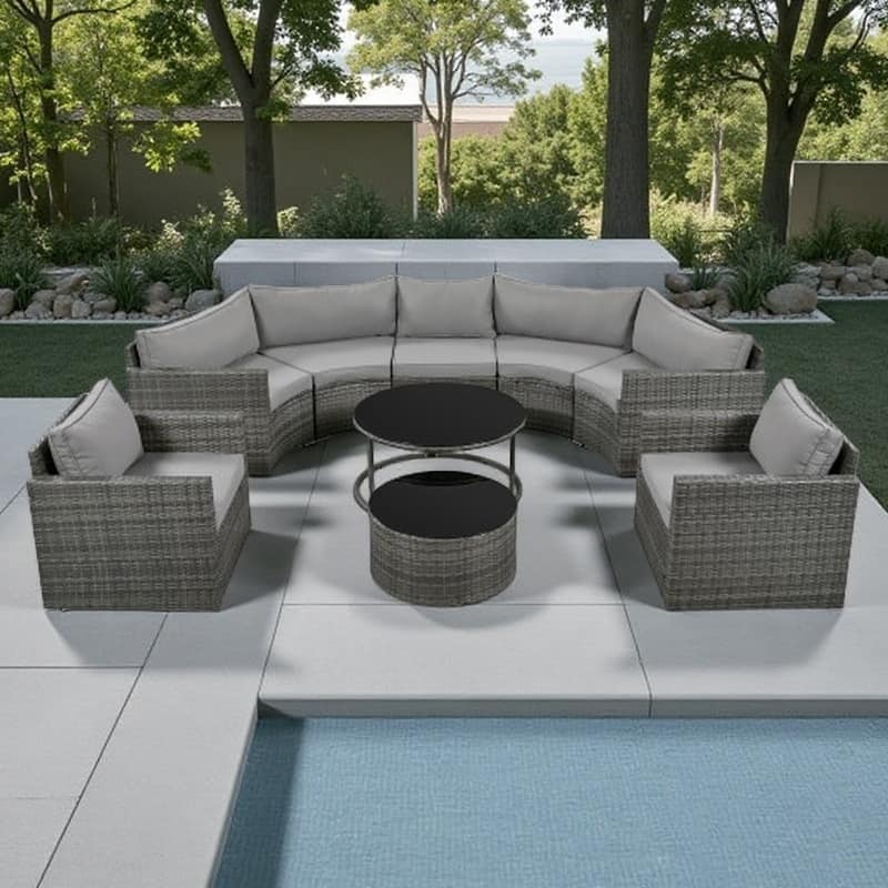 9-Piece Curved Outdoor Wicker Sectional Sofa Set with Overlapping Coffee Tables, Cushions, Modular Half-Moon Design - Gray