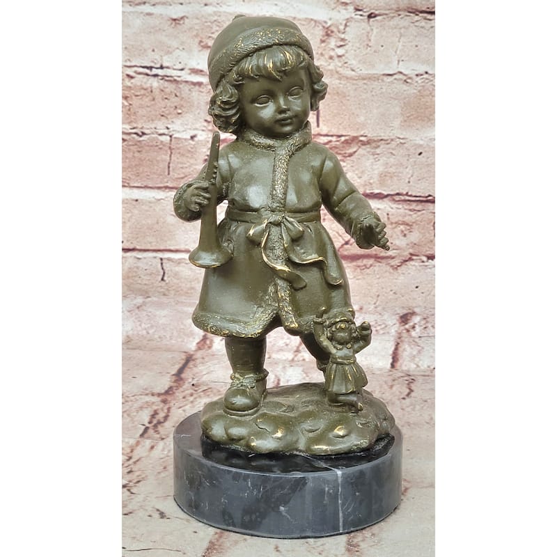Bronze Winter Child Sculpture – Girl With Horn And Doll Figurine On Base