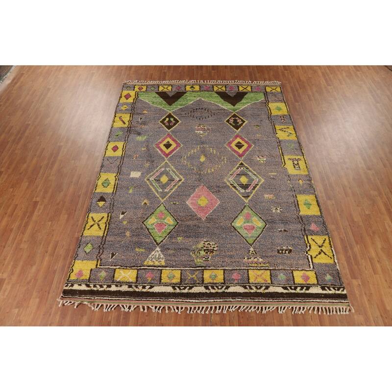 Gray Plush Geometric Moroccan Area Rug Hand-Knotted Wool Carpet - 9'0" x 12'7"
