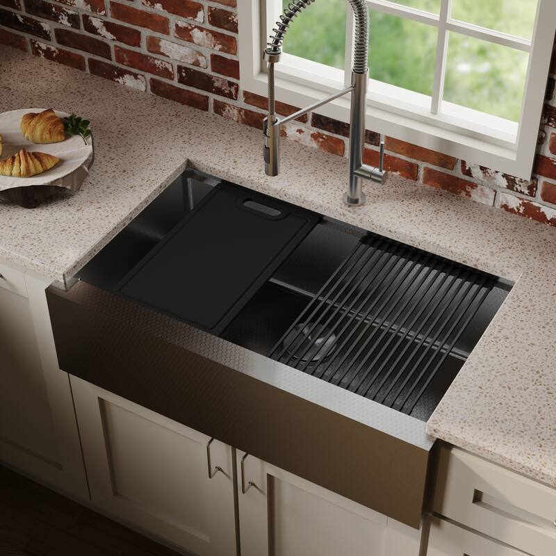 Karran Matrix 33" Apron Front Workstation 16 Gauge Single Bowl Stainless Steel Kitchen Sink with Accessories