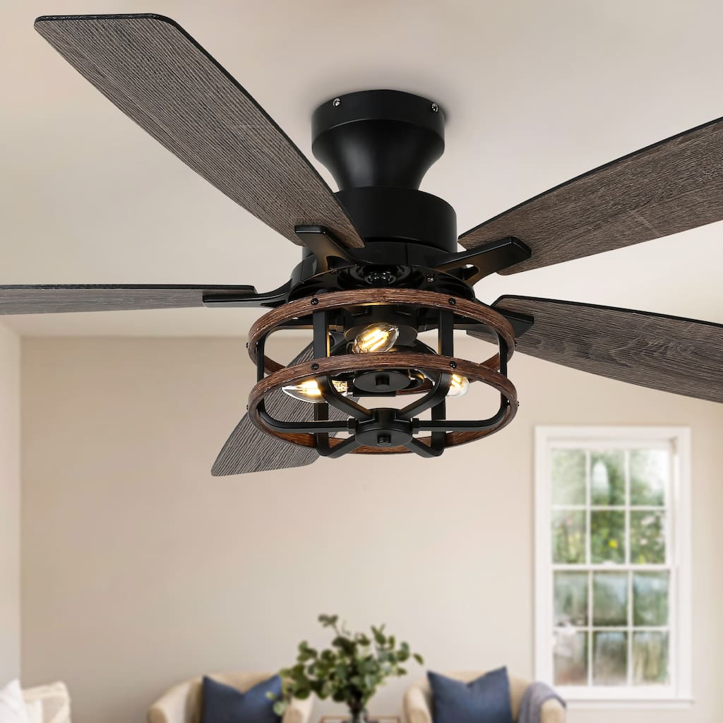 Bella Depot 52" Black Industrial Flush Mount Ceiling Fan with Light and Remote 6-speed Reversible DC Motor Low Profile Fan