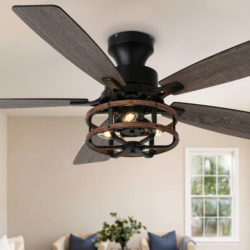 Bella Depot 52" Black Industrial Flush Mount Ceiling Fan with Light and Remote 6-speed Reversible DC Motor Low Profile Fan - Black