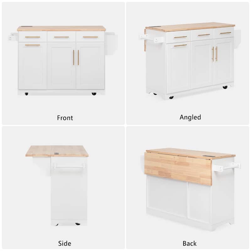 Rolling Kitchen Island Cart with 2 Pull Out Cabinet Organizers, Drop Leaf, Trash Can Storage, Power Outlet, Spice, Towel Rack