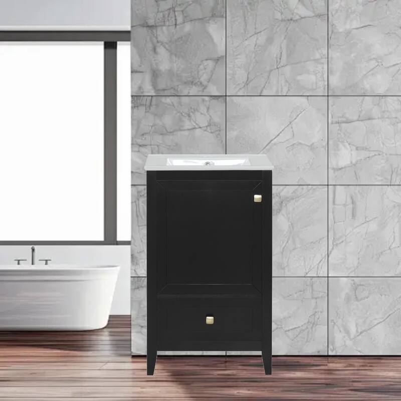 Compact 20" Bathroom Vanity with Sink, Soft Closing Door, Storage Rack & Drawer, Modern MDF Cabinet - Black
